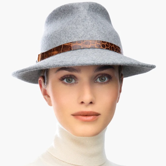 ERIC JAVITS Wool Classic Fedora Hat in Grey Mix Neutral Leather Band One Size - Picture 3 of 16
